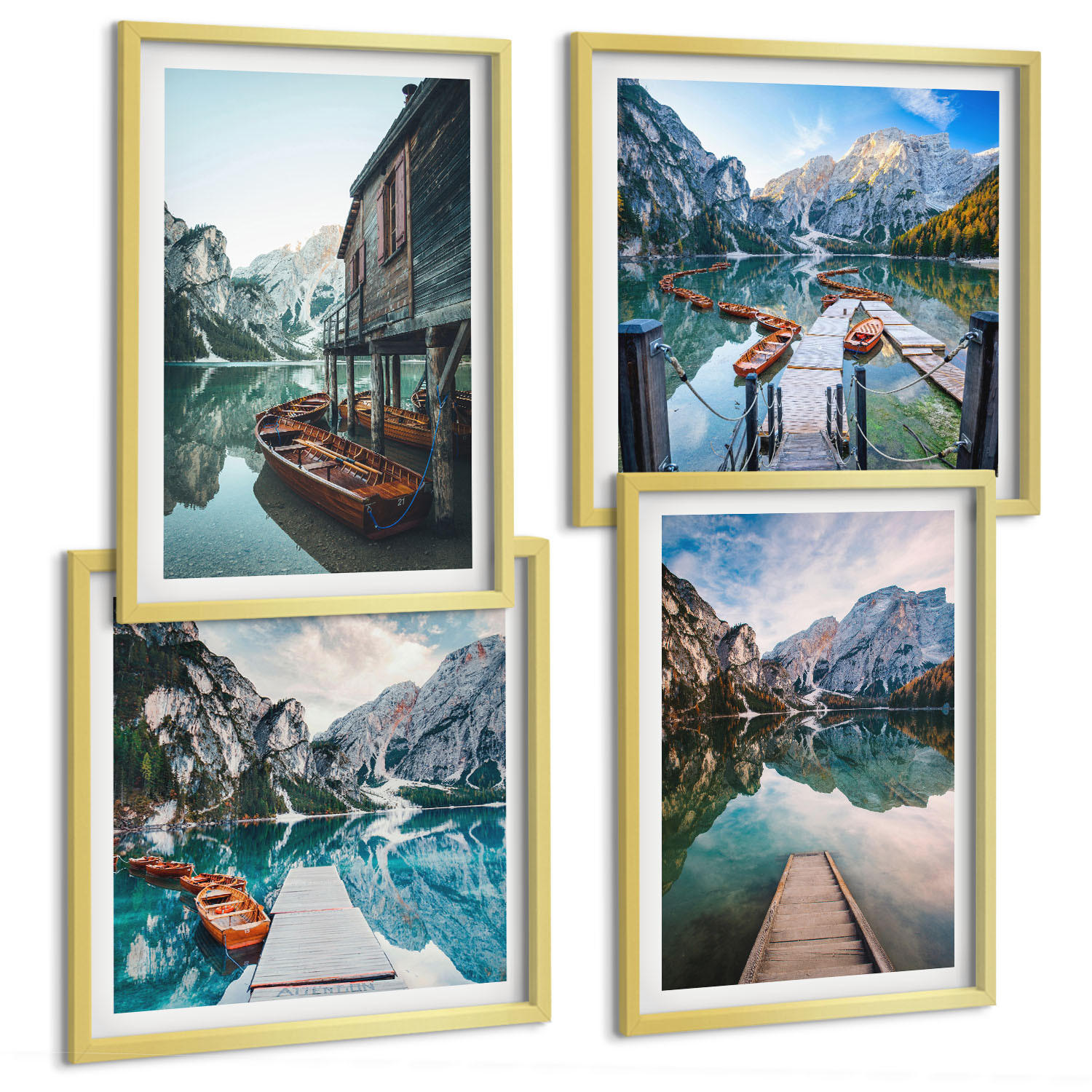 BILDER SET 4er Set - 50x50 cm & 40x60 cm Goldrahmen - See Berge Holzboote - Goldfarben, Kunststoff (50/50cm) - TULUP