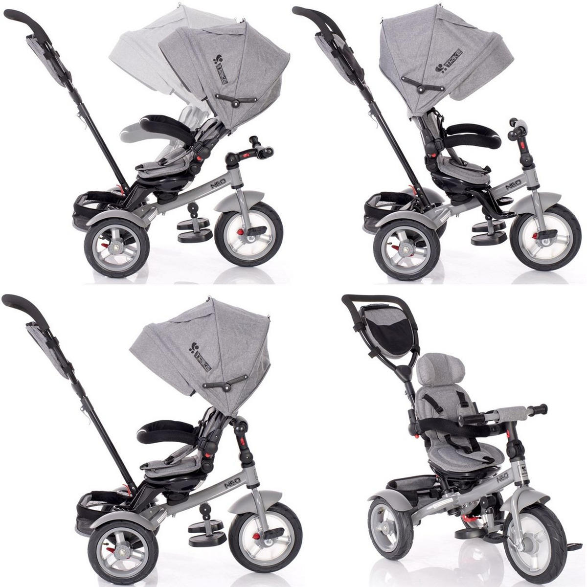 DREIRAD Neo 4 in 1 schwarz hellgrün Luftreifen, Schiebestange, Sitz drehbar, verstellbar - Türkis, Metall (120/55/104cm) - Lorelli