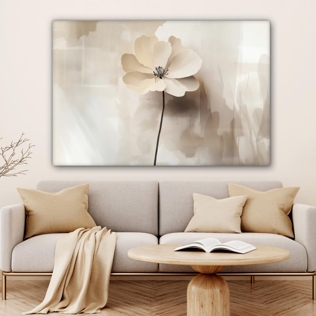 LEINWANDBILD Blume - Beige - Farbe - Schatten Wohnzimmer 120x80 cm - Creme, Textil (120/80cm) - MuchoWow