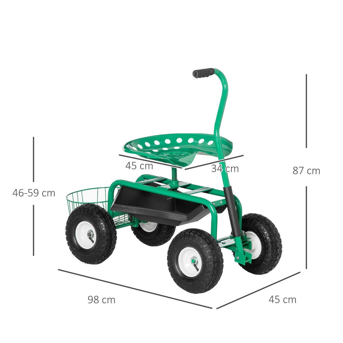 GARTENWAGEN mit Rollsitz bis 150 kg mit Ablage Korb für kleine Gartengeräte - Grün, Metall (45/87/98cm) - Outsunny