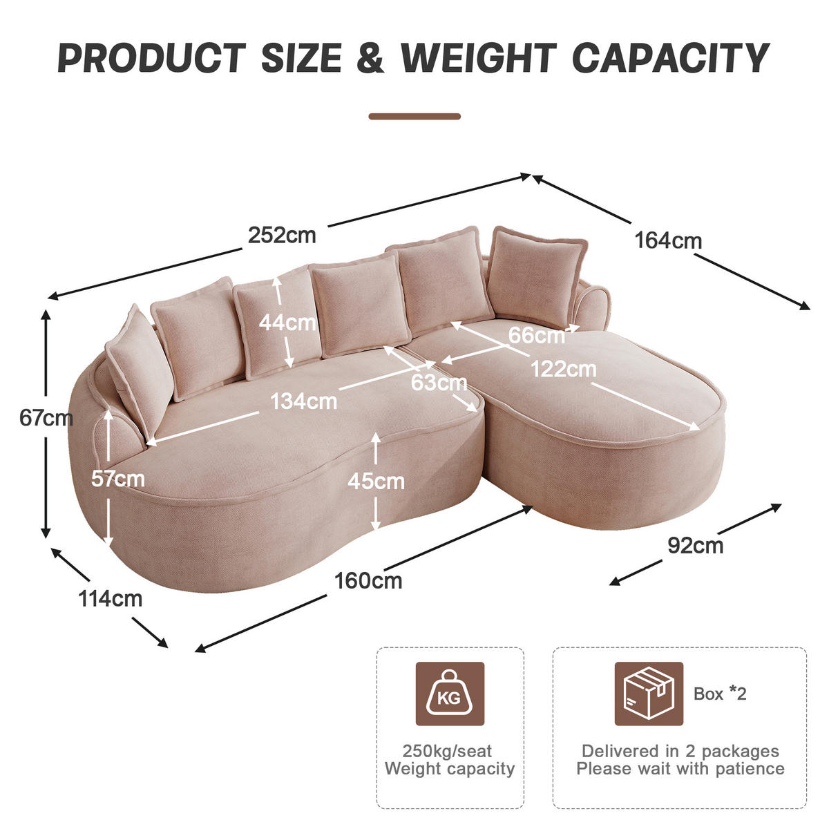 3-SITZER Sofa 252×164×67 cm aus Chenille-Stoff rahmenlos montagefrei, rosa - Rosa, Textil (164/67/252cm)