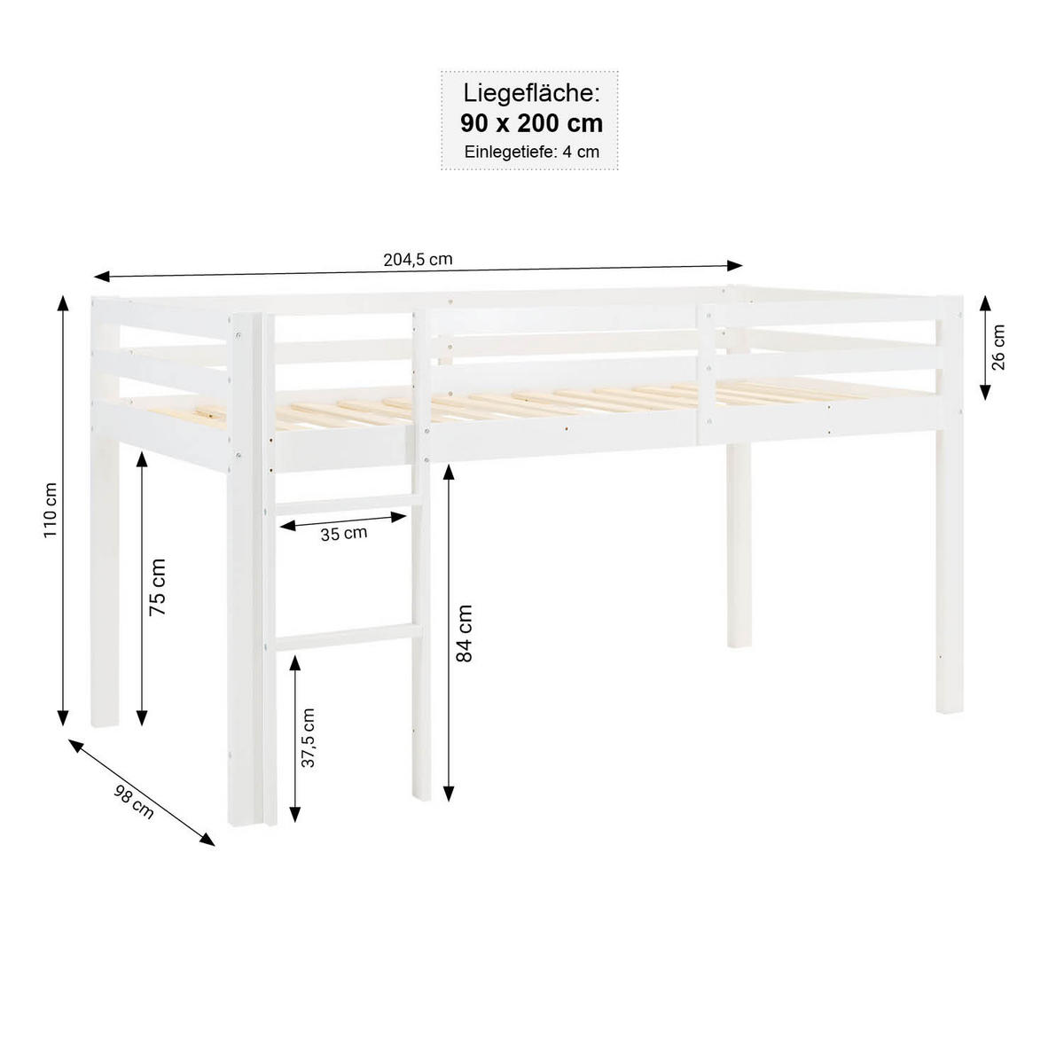 HOCHBETT mit Matratze Tunnel 90/200 cm Pirat - Schwarz/Weiß, Holz - Homestyle4u