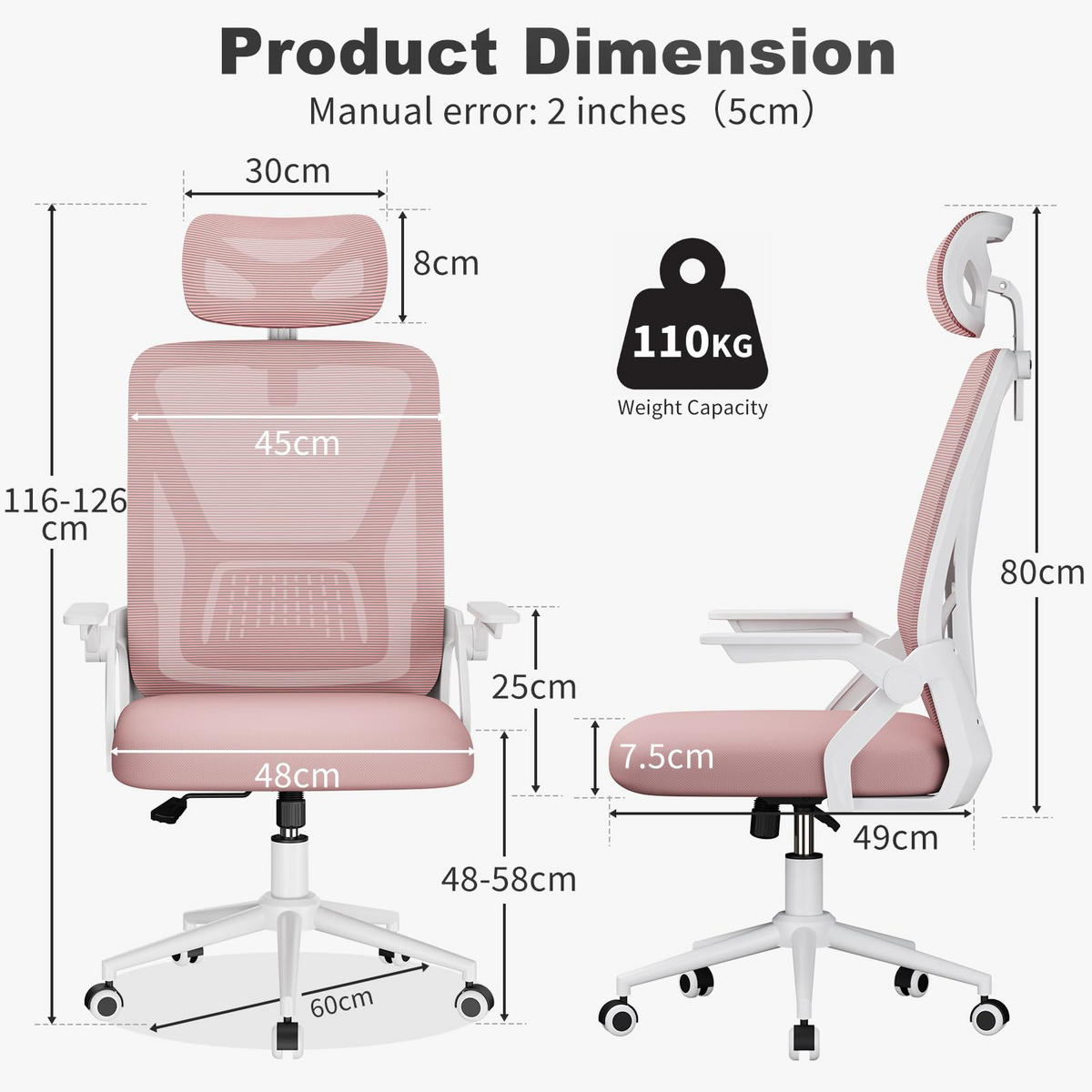 DREHSTUHL Webstoff Weiß-Rosa ergonomisch klappbare Armlehnen - Pink, Kunststoff (24/48/53cm) - Rattrix