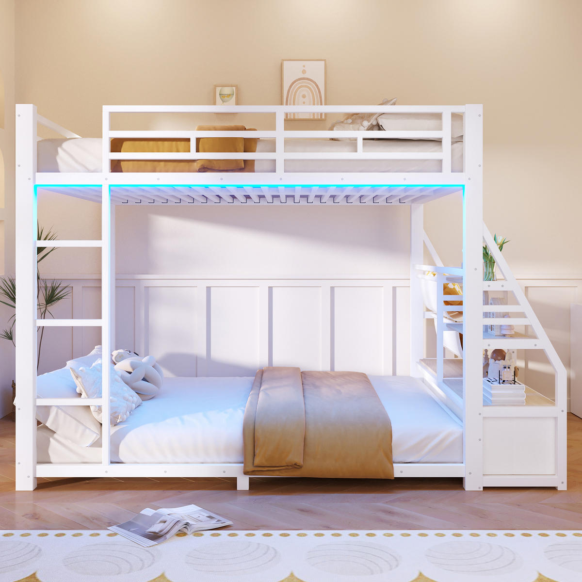 ETAGENBETT 140x200cm mit LED-Beleuchtung, mit 2 Stoffschubladen, Weiß - Weiß, Metall (140/200cm) - KOMHTOM