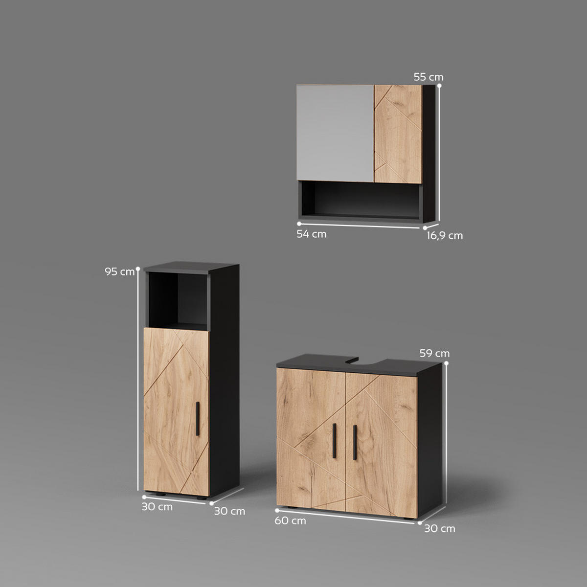 BADMÖBEL-SET Ronco Goldkraft Eiche/Anthrazit 3 Teile - Honigeiche/Anthrazit, Holzwerkstoff (60/95/30cm) - Livinity®