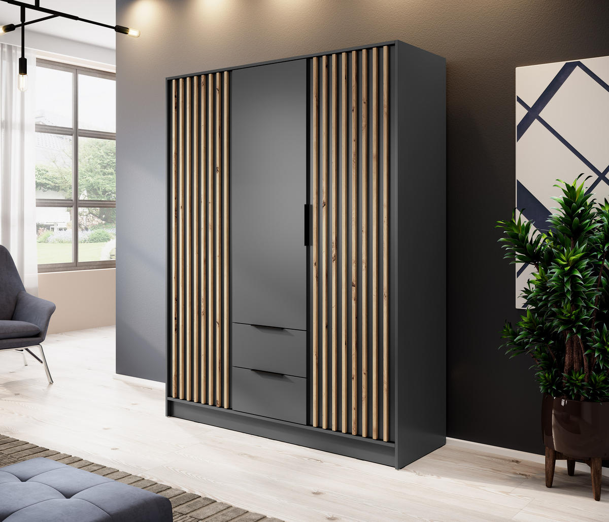 KLEIDERSCHRANK Nelly Graphit, Artisan Eiche Lamellen, Schrank Dreitürige, Garderobe mit Schubladen - Graphitfarben, Holzwerkstoff (155/200/51cm) - Bettso