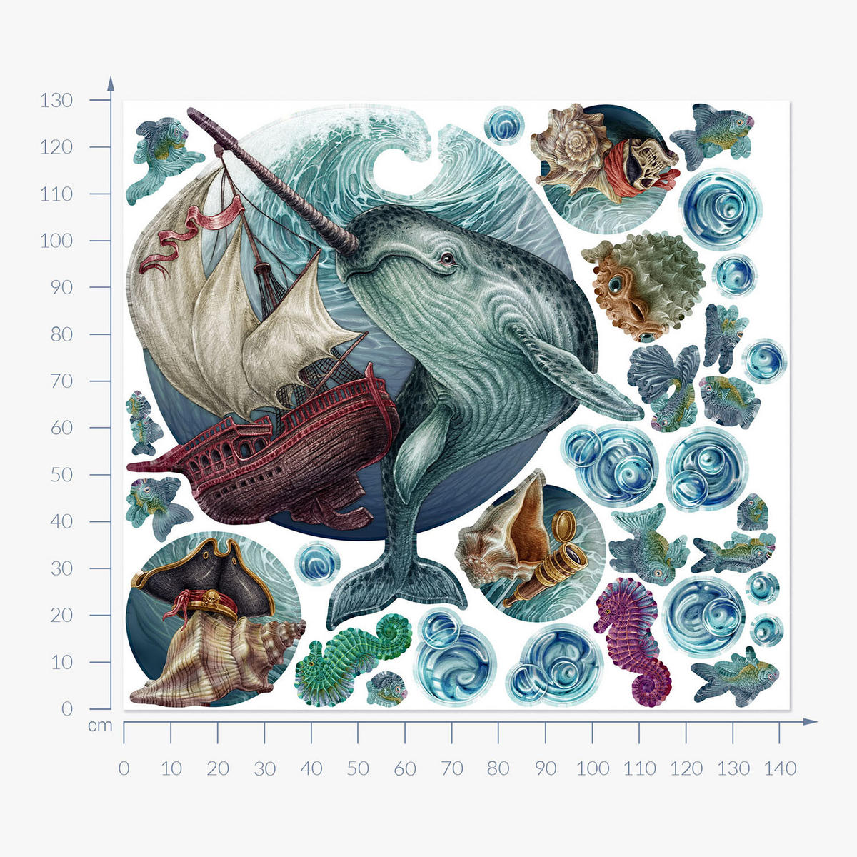 WANDAUFKLEBER 130x142cm - Meerestiere - Multicolor, Kunststoff (130/142/0.1cm) - Wallfluent