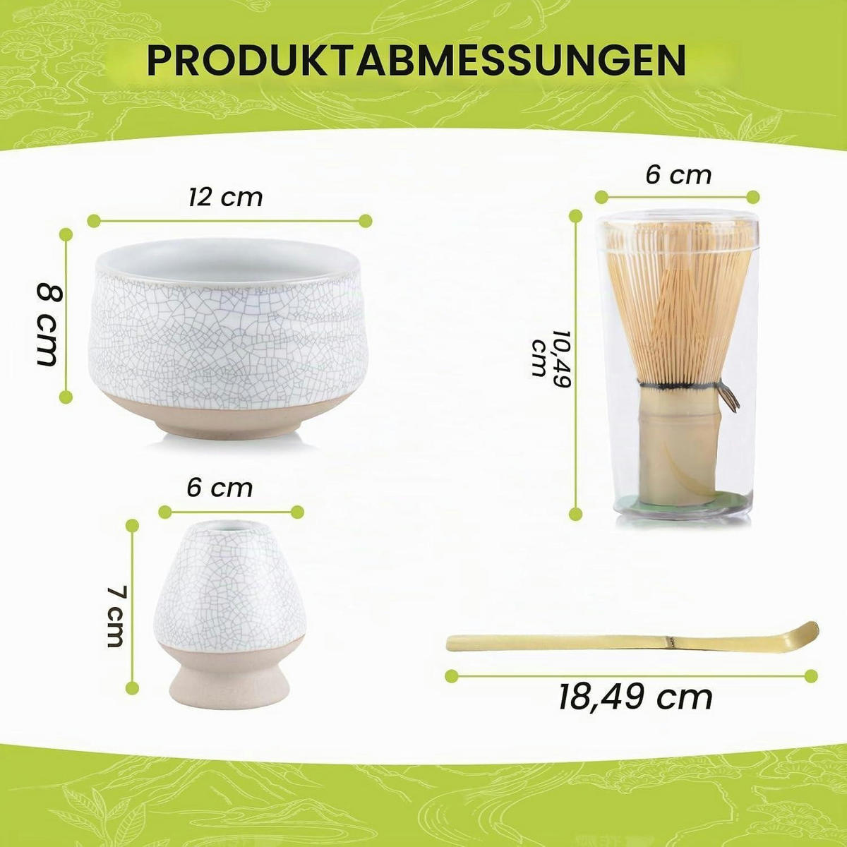 MATCHA Set 4-teiliges Set mit Besen, Löffel und Schale - Weiß, Keramik (14/12/18.5cm)