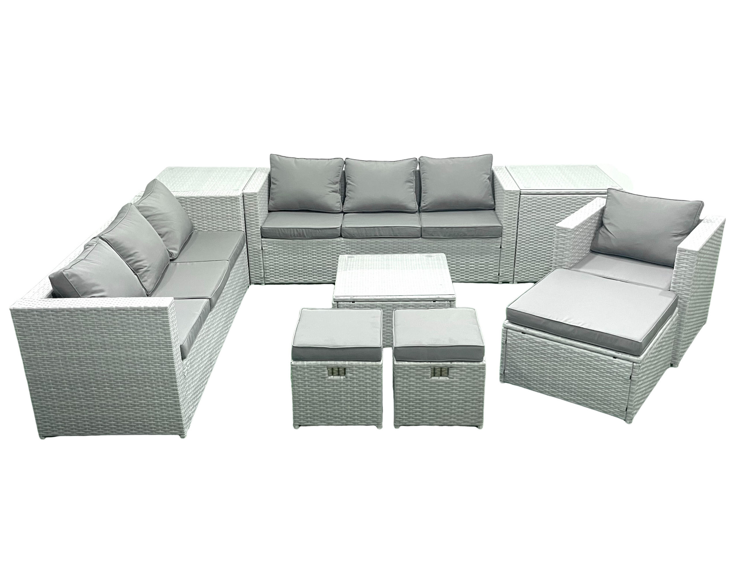 GARTENMÖBEL-SET mit Kissen Polyrattan Hellgrau-Mix 10-Sitzer - Hellgrau/Grau, Glas/Kunststoff - Fimous