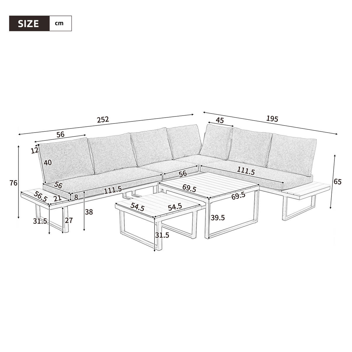 GARTENMÖBEL-SET, Eckstellung, Neigung bis 55°, 2 Couchtische, Grau/Schwarz - Grau, Textil - FLIEKS