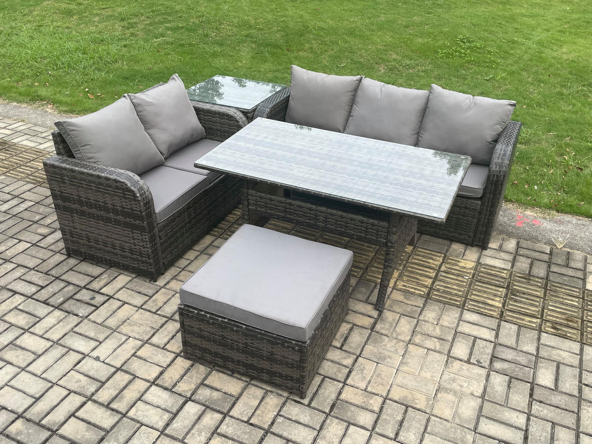Gartenmöbelset mit Esstisch,Zweisitzer,Hocker,Beistelltisch Polyrattan Dunkelgrau 6-Sitzer - Dunkelgrau/Grau, Glas/Kunststoff - Fimous