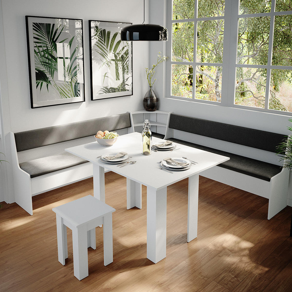 ECKBANKGRUPPE Roman Weiß 210 x 41.5 cm mit Tisch - Anthrazit/Weiß, Holzwerkstoff (210/80/210cm) - Vicco