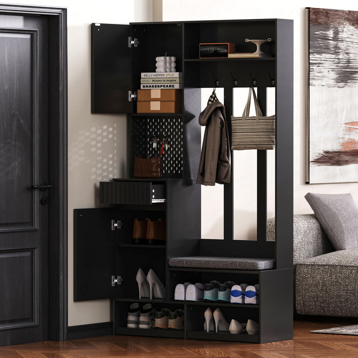 GARDEROBENSET 100/35/180 cm aus MDF mit gepolsterter Sitzbank Schwarz - Schwarz, Holzwerkstoff (100/180/35cm) - Modenvie