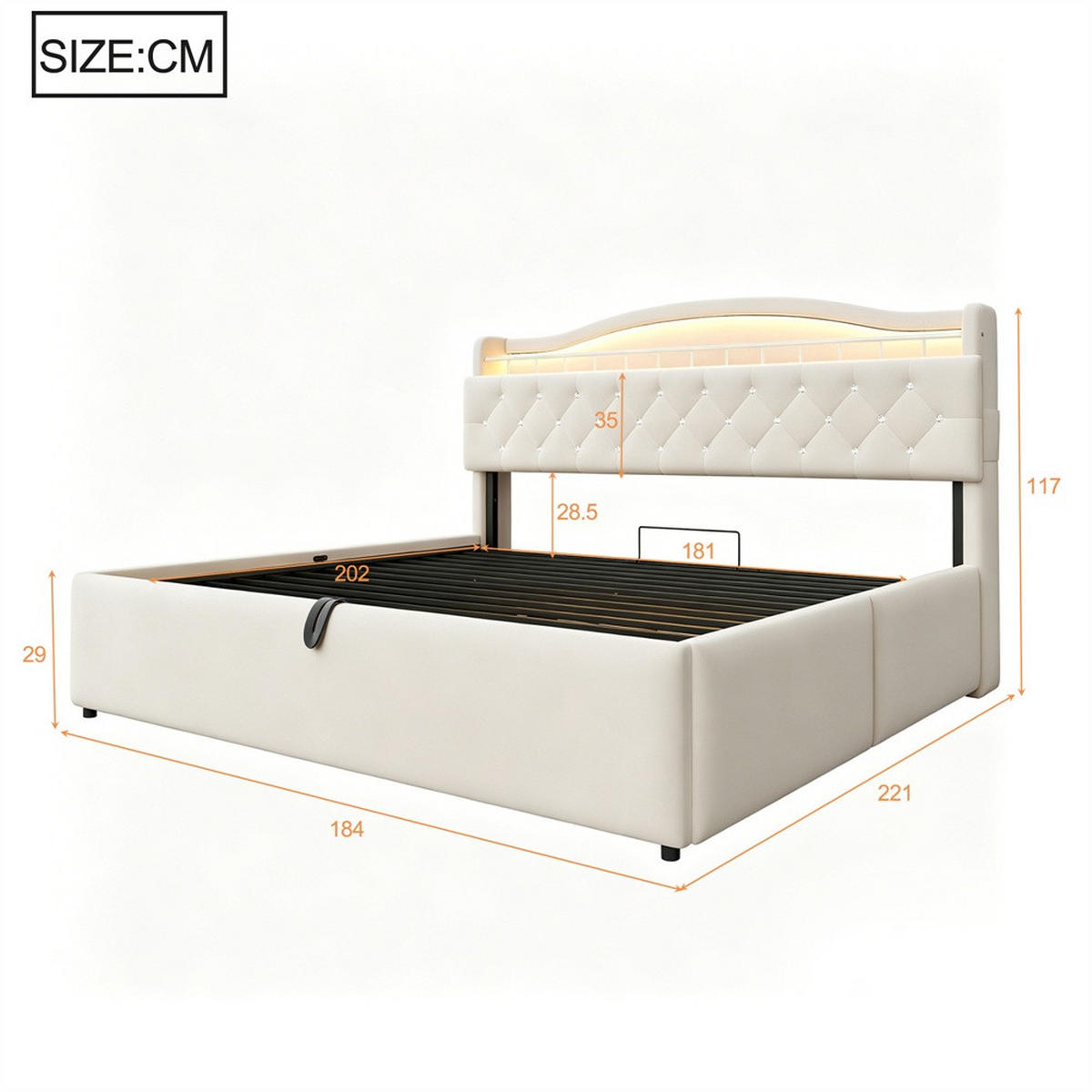 POLSTERBETT 180x200 cm mit hydraulischem Stauraum - LED Beleuchtung & Ladestation - Beige - Ohne Matratze - Beige, Textil (180/200cm) - DELFA