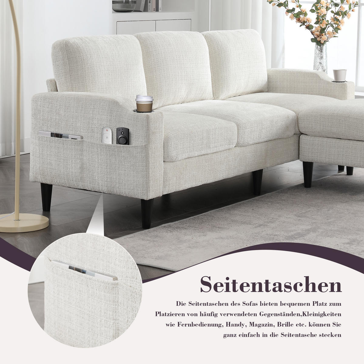 ECKSOFA 163/121/66 cm Beige mit 1 Aufbewahrungshocker, Aufbewahrungstasche und Getränkehalter - Beige, Textil (196.5/75cm) - Oxeza