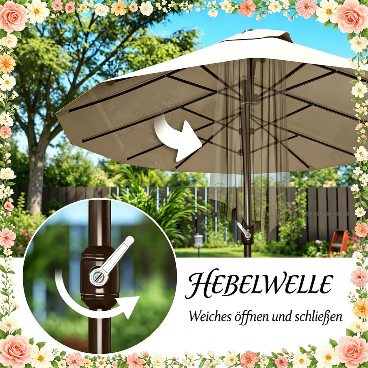 SONNENSCHIRM Rechteckig Stahl 455x265cm Khaki Kurbel Winddach - Hellbraun, Textil (265/455cm) - Raelunyi