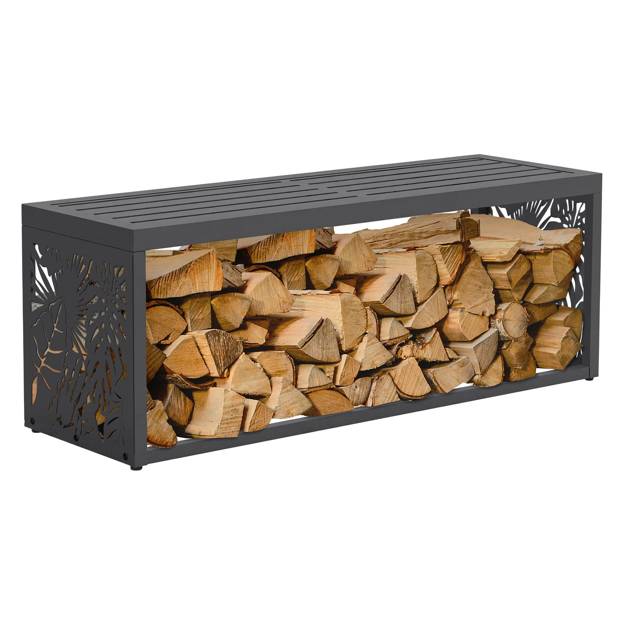 REGÁL NA DŘEVO do interiéru i exteriéru s lavičkou, kovový regál na palivové dřevo, antracitová barva, 120 x 38 x 43 cm, pozinkovaná ocel, motiv listů - antracitová, kov (120/43/38cm) - ML-DESIGN