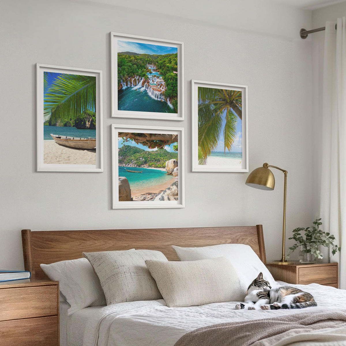 WANDBILDER 4er-Set - 50x50 cm & 40x60 cm Weißer Rahmen - Strand, Boot, Wasserfälle, Palmen - Weiß, Kunststoff (50/50cm) - ArtPrintCave