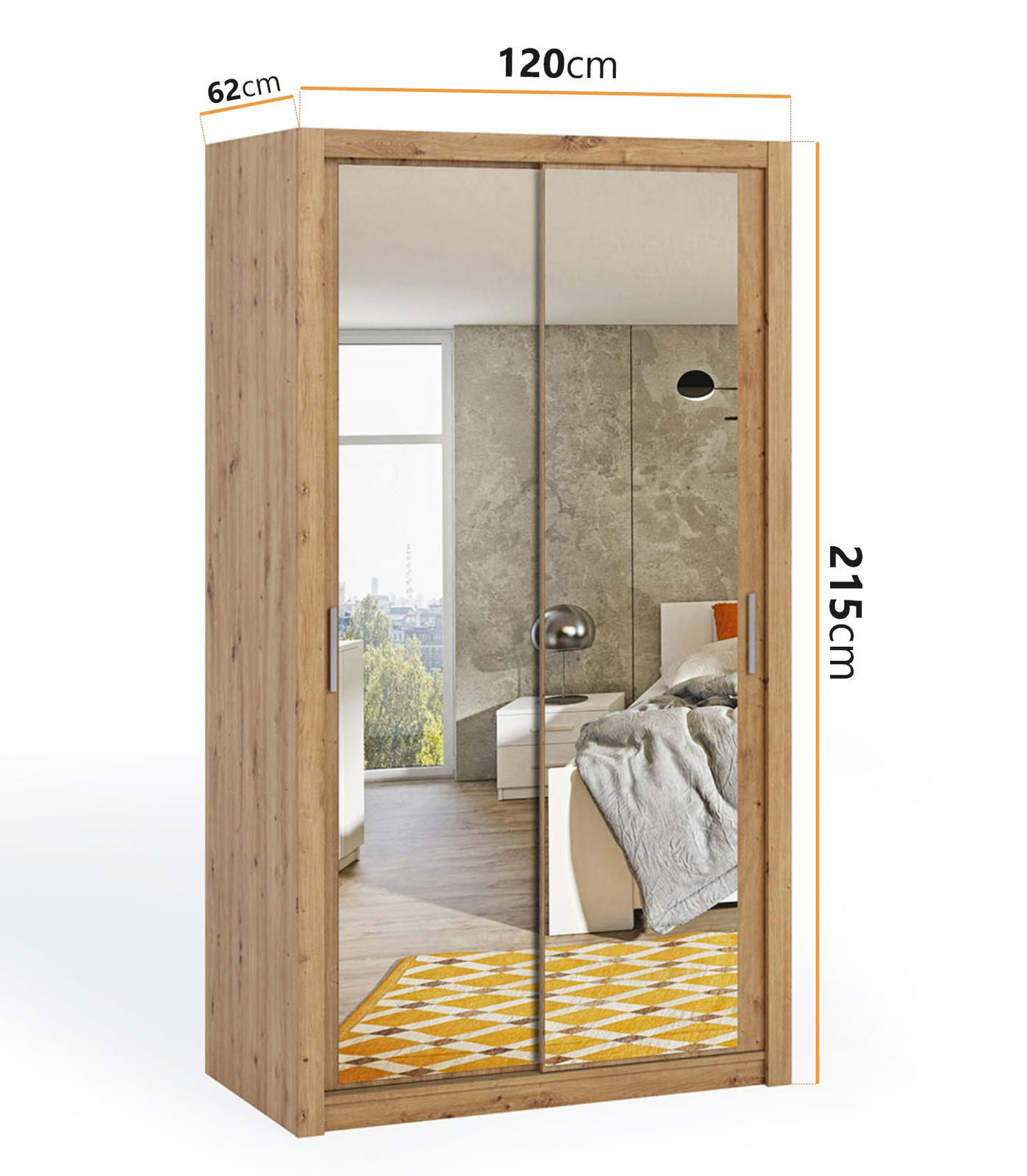 SCHIEBETÜRENSCHRANK Tamiza 120/215/62 mit Spiegel - Silberfarben/Eiche Artisan, Holzwerkstoff/Kunststoff (120/215/62cm) - Ravio