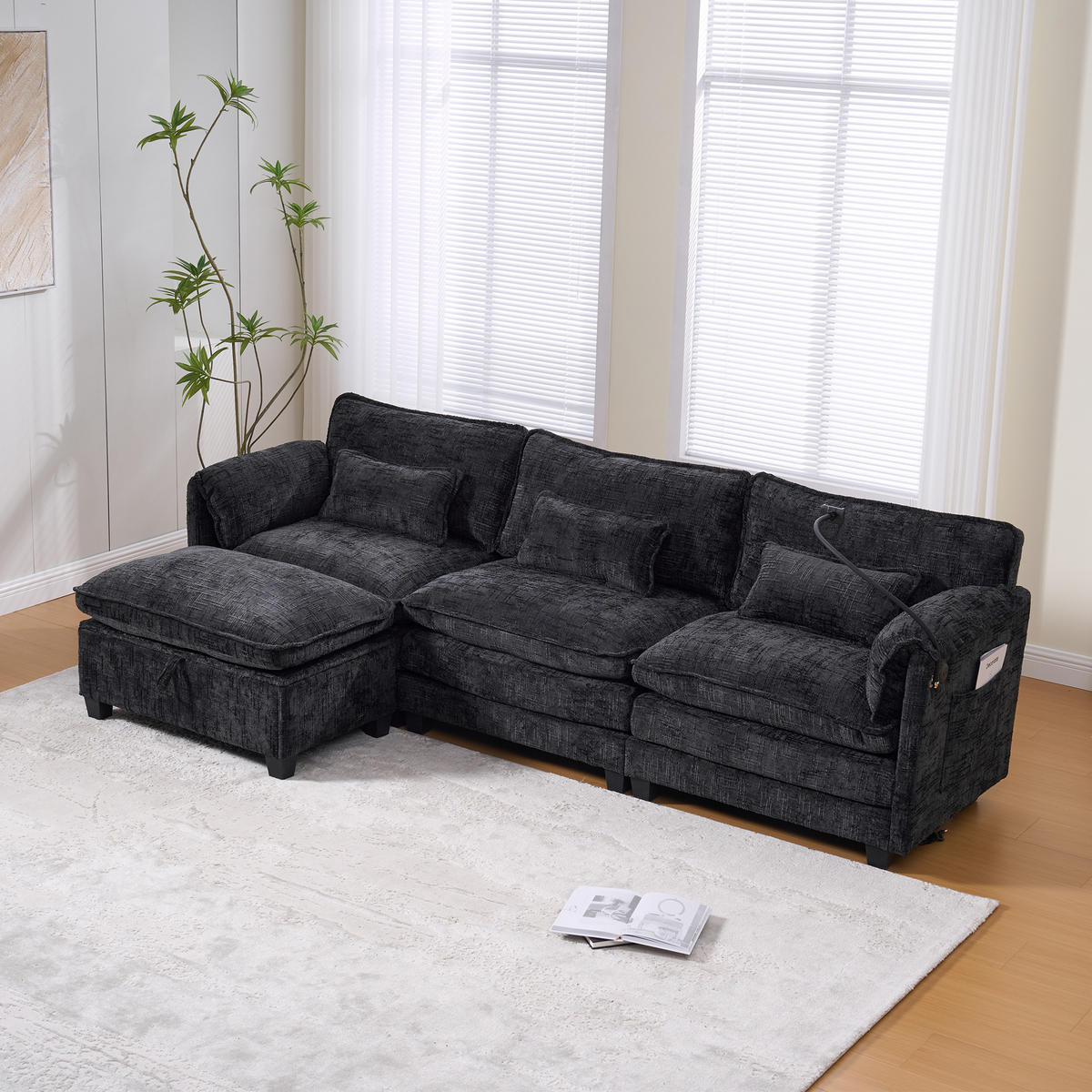 ECKSOFA mit USB-Anschluss und Hocker aus Chenille Schwarz 279/83/85 cm - Schwarz, Textil (279/83cm) - OKWISH