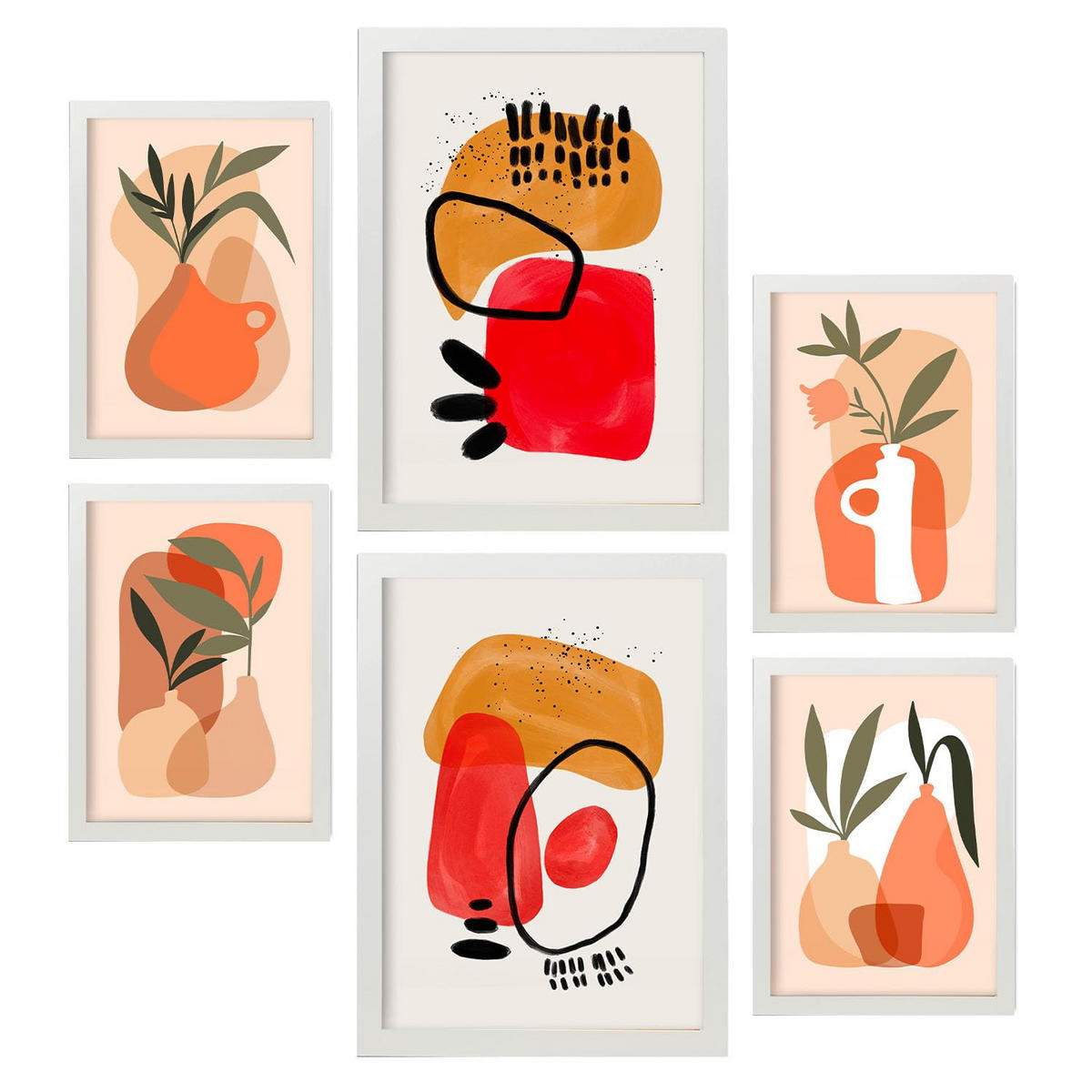 POSTER Set Mit 6 Stoned Vasen In Blume Zusammenfassung A3 & A4 Weißer Rahmen - Weiß, Papier (29/3cm) - Nacnic