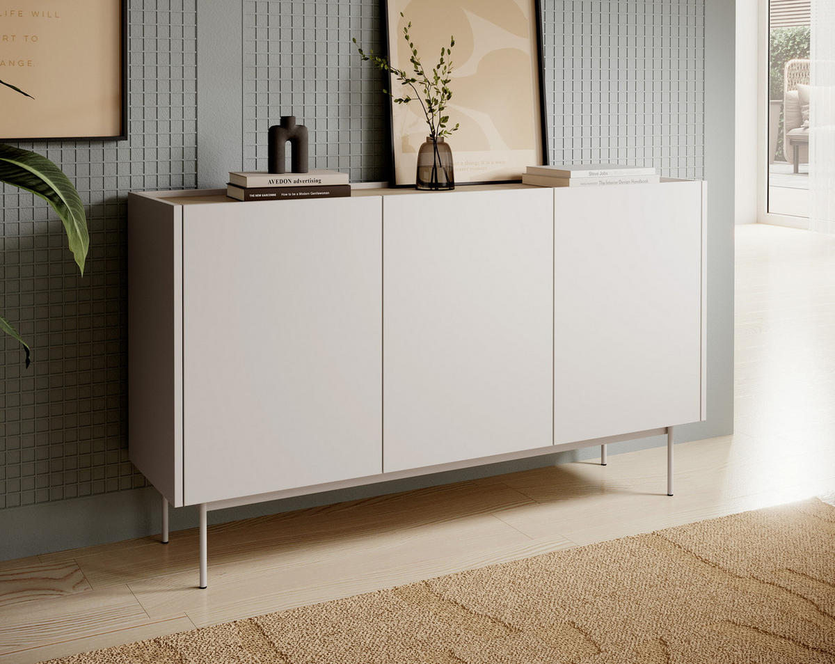 KOMMODE 144 cm Laris - Beinen, 3 Türen, Beige - Kaschmir, Holz (144/83/37cm) - Emporius