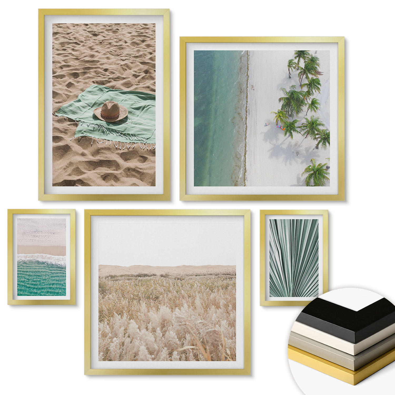 WANDBILDER 5er Set - 50x50 cm & 20x30 cm & 40x60 cm Goldrahmen - Urlaubsblick Strand Meer - Goldfarben, Kunststoff (40/60cm) - ArtPrintCave