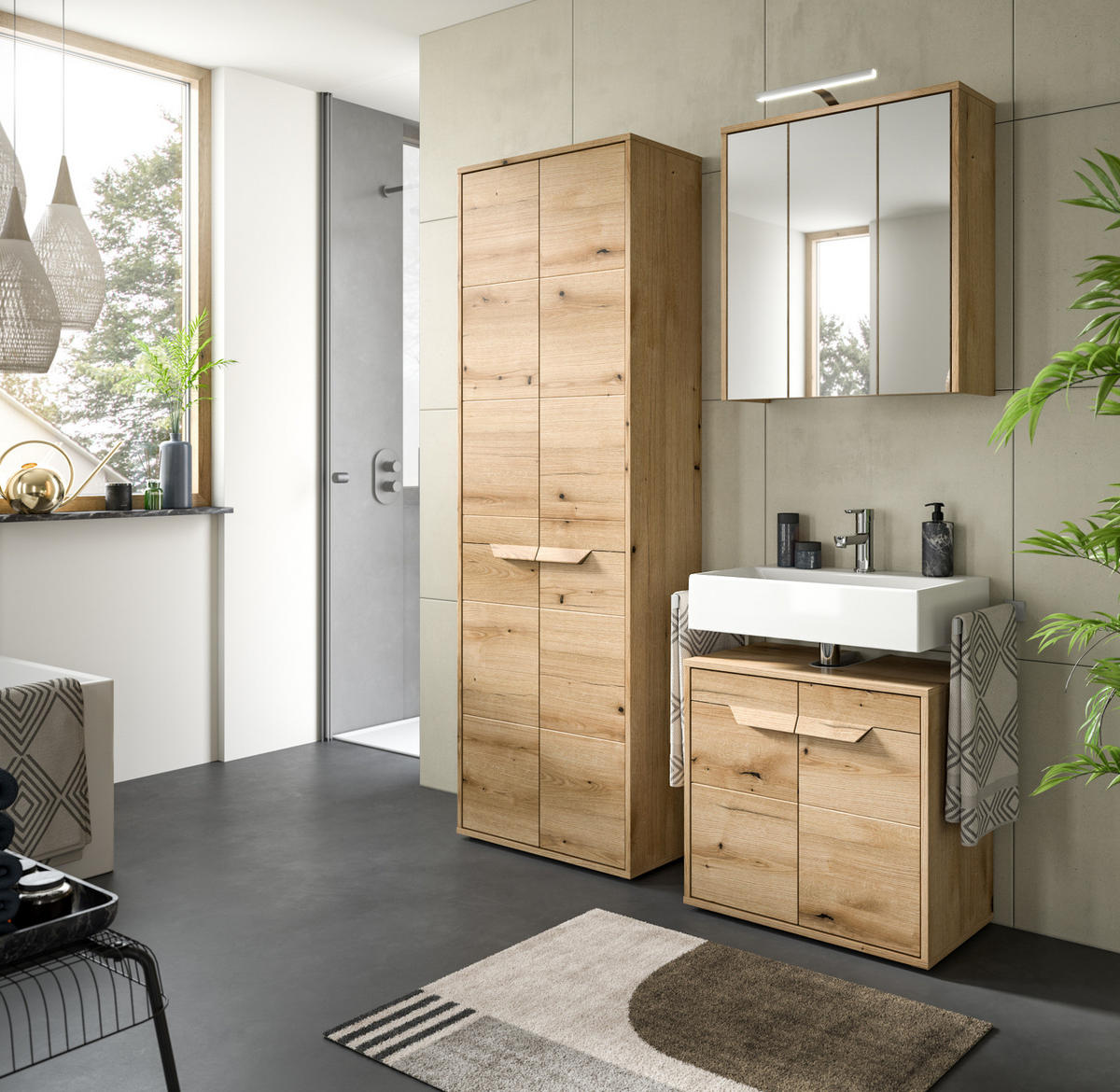 HOCHSCHRANK Evoke Eiche 64 cm, Badschrank mit Soft-Close - Eichefarben/Schwarz, Holzwerkstoff/Kunststoff (64/189/32cm) - Inn.Furn