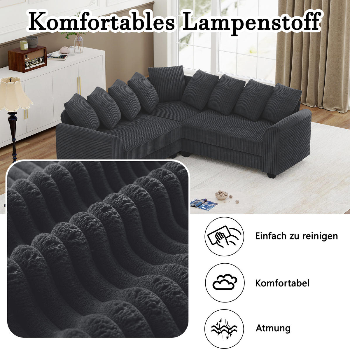 ECKSOFA L-Form Cord 83 cm Sitztiefe, 8,5 cm Füße inkl. 9 Kissen 202/202/74 cm Grau - Grau, Textil (202/202cm) - Redom