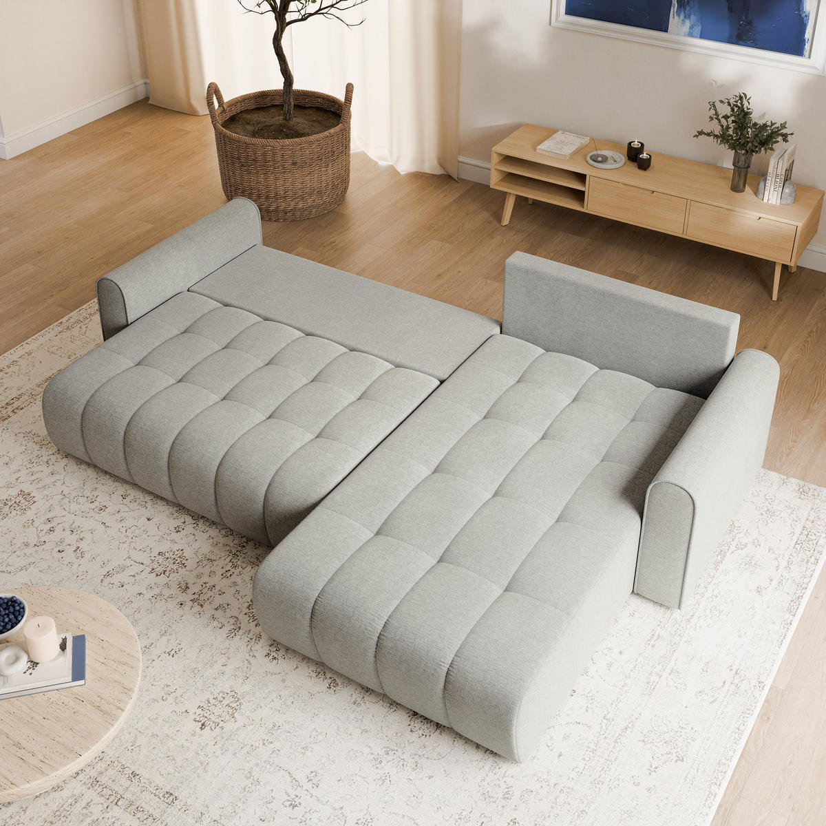 ECKSOFA FRIGA Hellgrau Strukturstoff mit Schlaffunktion - Hellgrau, Holz (283/185cm) - MASSENO