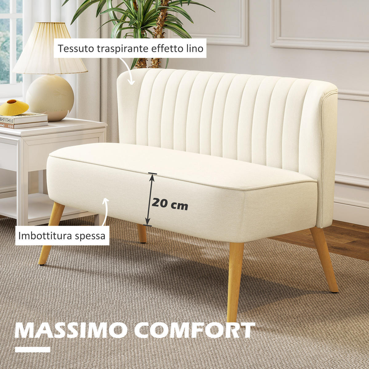 SOFA, 2-Sitzer, Leinenoptik, ohne Armlehnen, Holzbeine, cremeweiß, 117x56,5x77cm - Multicolor, Holzwerkstoff (117/77/56.5cm) - FORIOUS