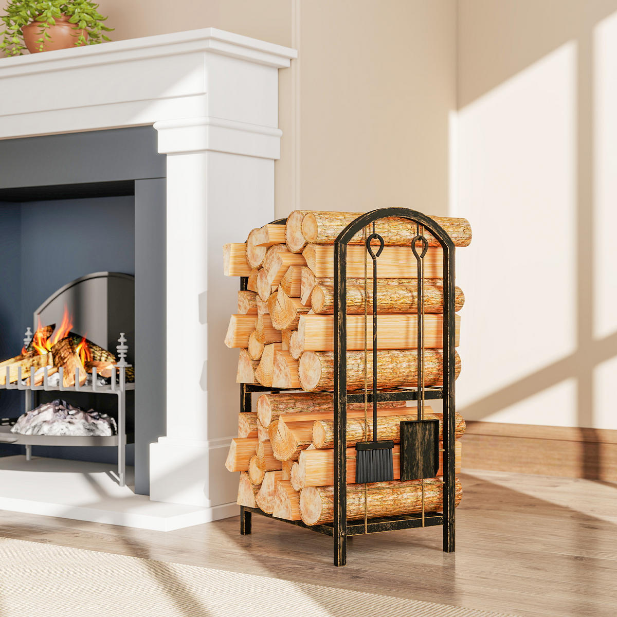 KAMINHOLZREGAL für innen 43 x 30 x 74cm 2 Ebenen Brennholzregal mit 4 Haken - Dunkelbraun, Metall (30/74/43cm) - Outsunny