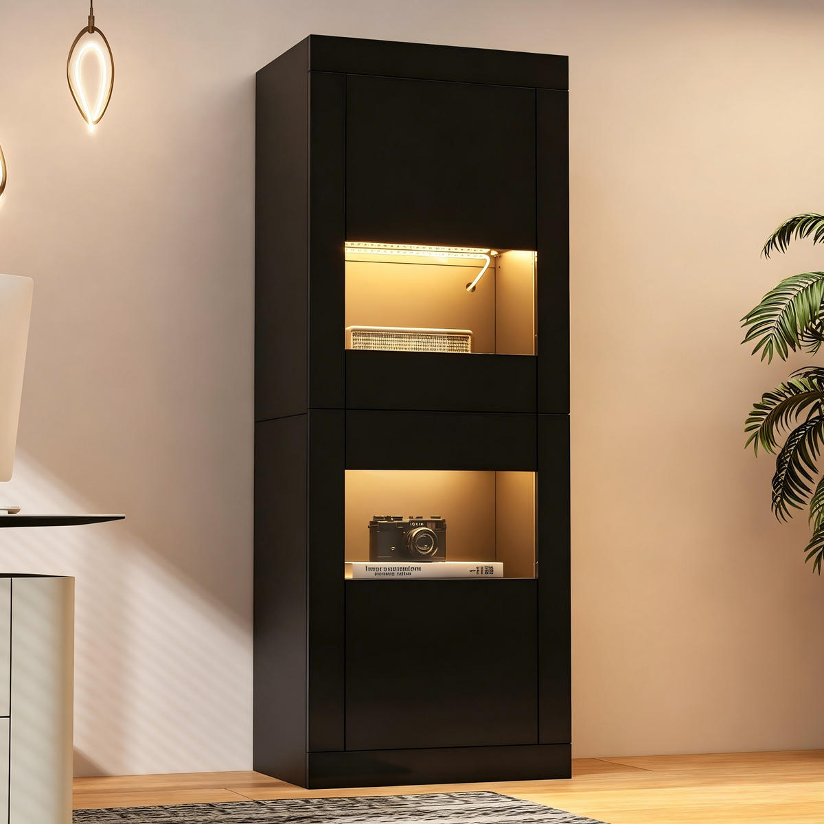 VITRINE 61x42x162 cm Schwarz mit LED und Glasboden - Schwarz, Holzwerkstoff (61/162/42cm) - FLIEKS