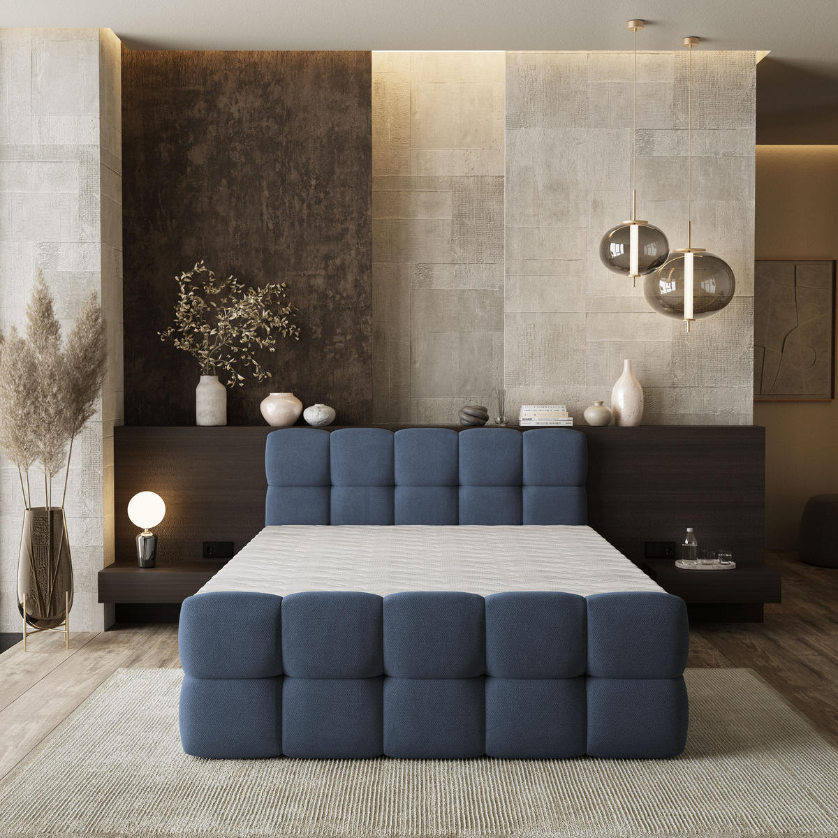 BOXBETT BRUME 180x200 cm mit Matratze und Topper, H2+H3 - Blau - Blau, Holz (180/200cm) - MASSENO