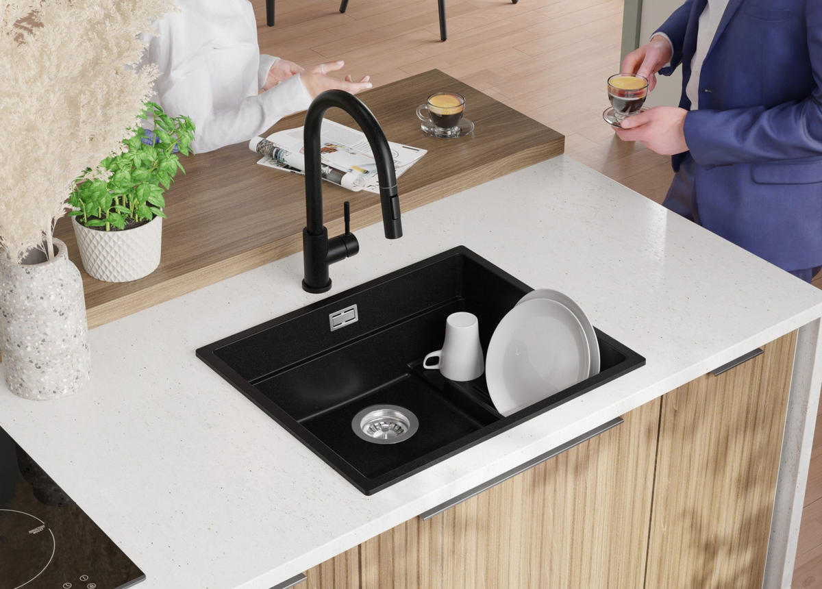 SPÜLBECKEN Praga Slim, 2-er set Alles Schwarz 56/47 cm 1 Becken + Ablauf-Set + Aufrollbare Abtropffläche ab 60er Unterschrank - Schwarz, Kunststoff (56/20/47cm) - Primagran