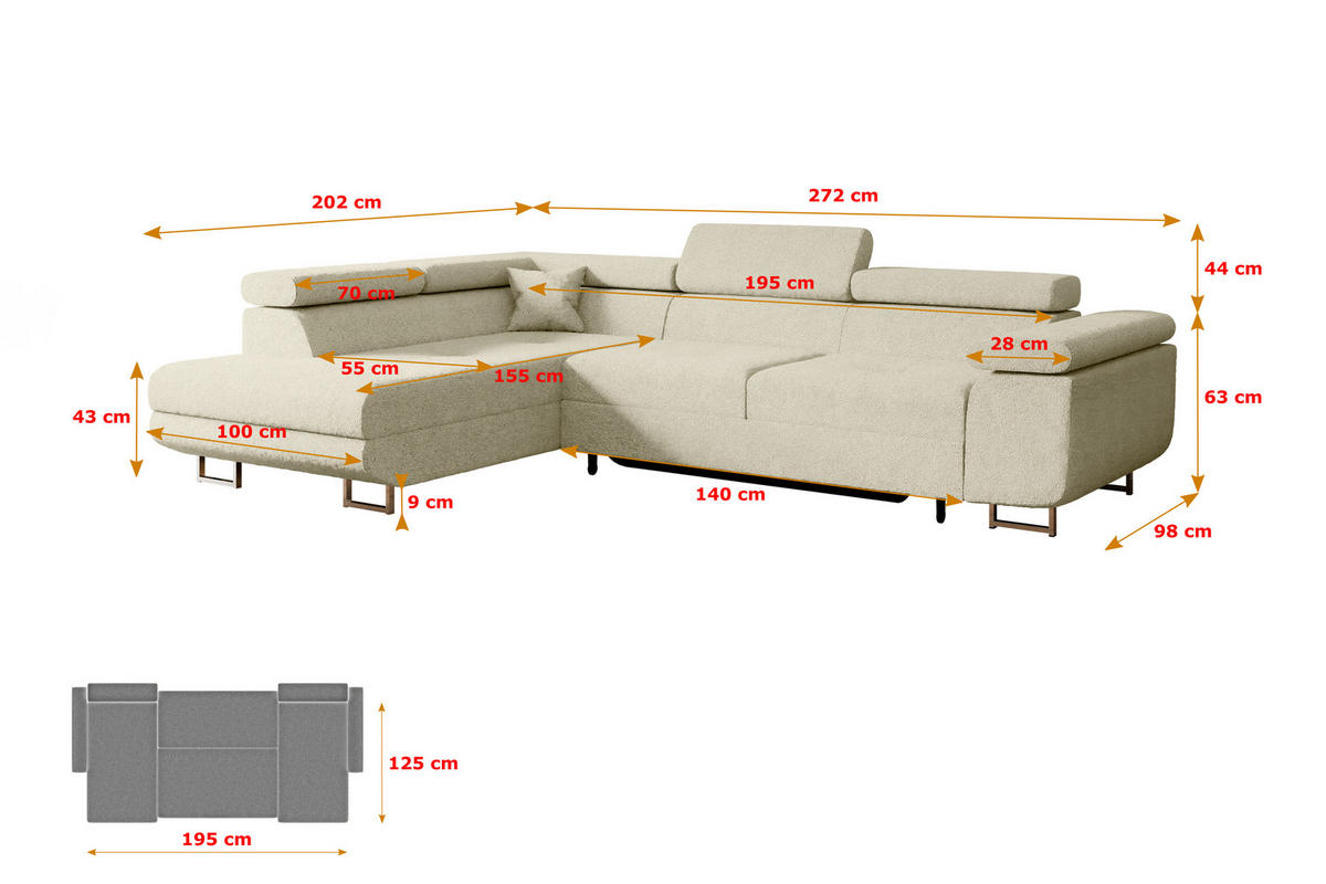 ECKSOFA mit Schlaffunktion und Bettkasten GUSA-L 272x202x107 cm Beige Bouclé - Beige/Silberfarben, Holzwerkstoff/Textil (272/202cm) - ALTDECOR