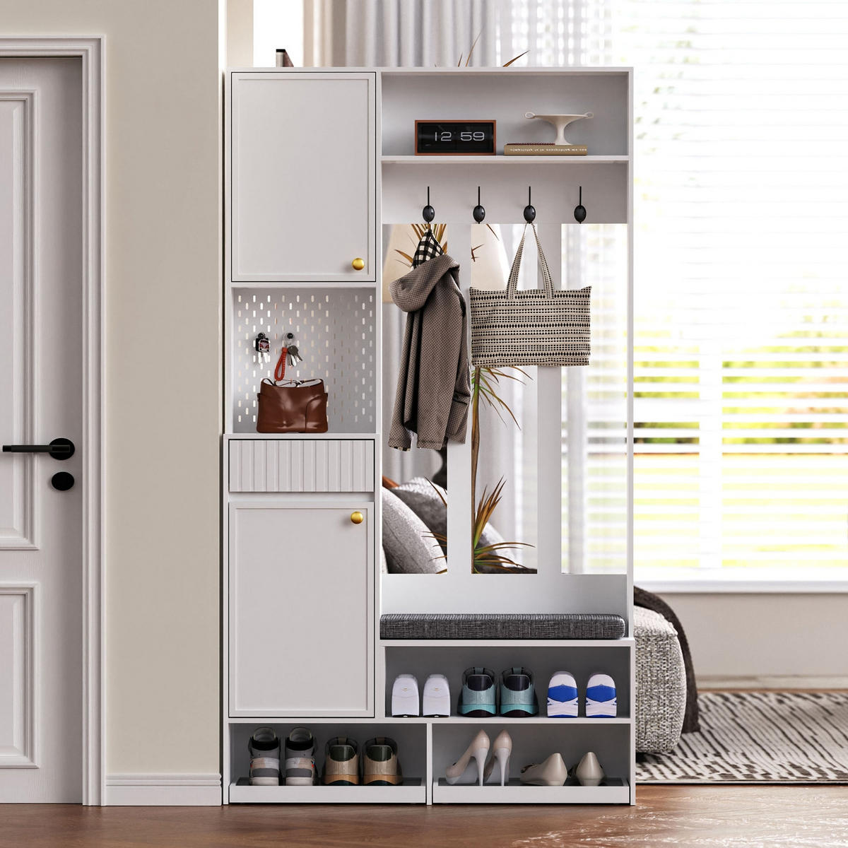 KÜCHENSCHRANK, 100/180/35 cm, MDF, Weiß, 6-IN-1 DESIGN MIT KIPPSICHERUNG, Flurgarderobe für Eingangsbereich - Weiß, Holzwerkstoff (35/180/100cm) - Rolipo