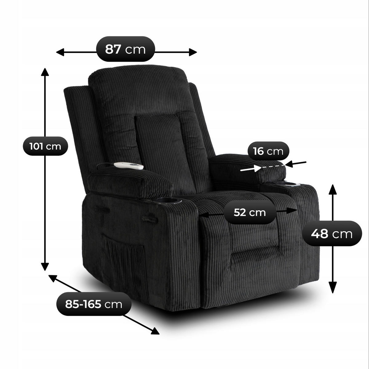 MASSAGESESSEL BOX 2 mit Fußhocker Cord Schwarz - Schwarz, Holz/Textil (87/101/85cm) - makarowski meble