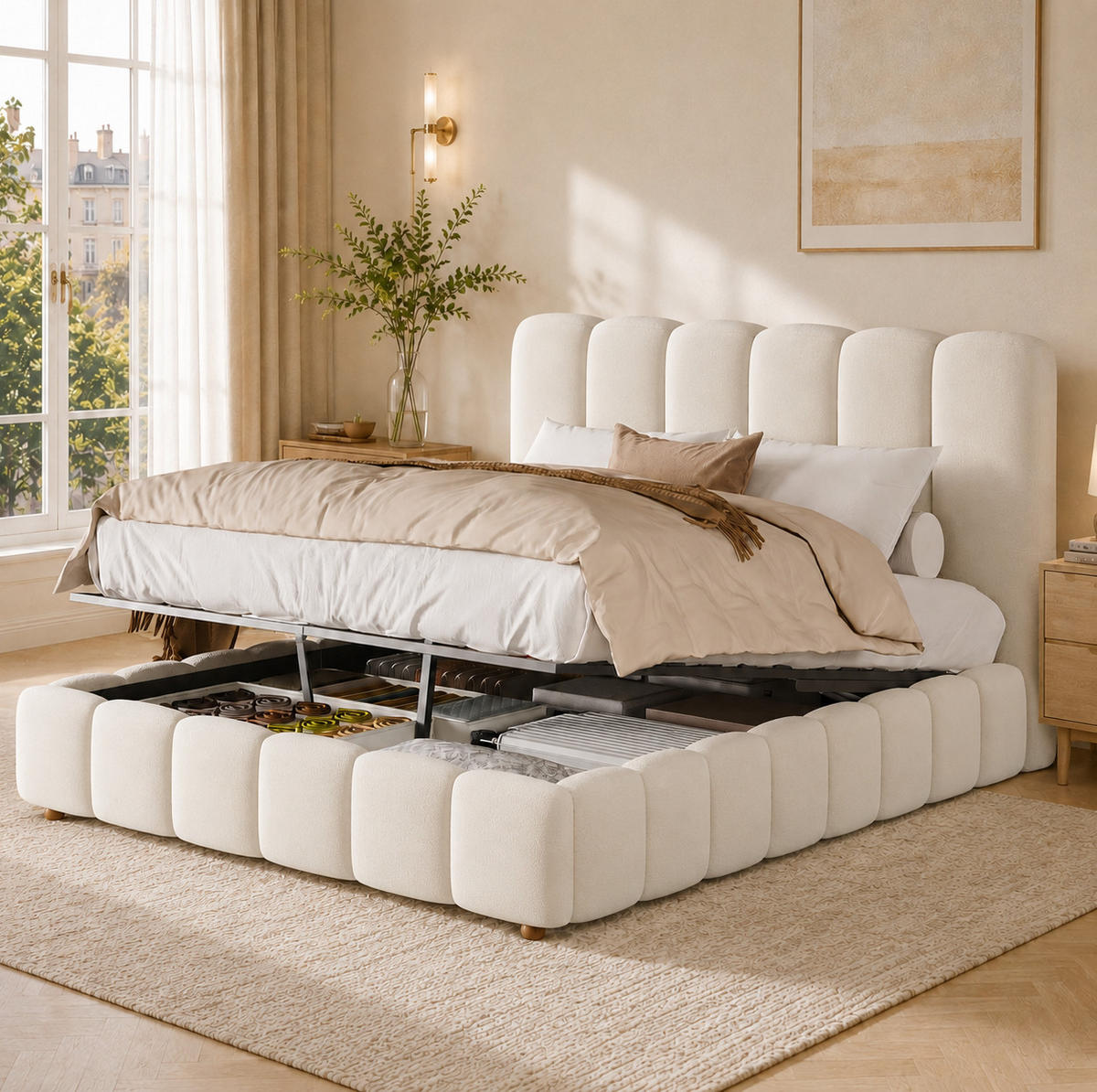 POLSTERBETT aus Samt 140x190 cm Beige mit Lattenrost, hydraulischem Bettkasten und Kopfteil - Beige, Textil (140/190cm) - Modfu