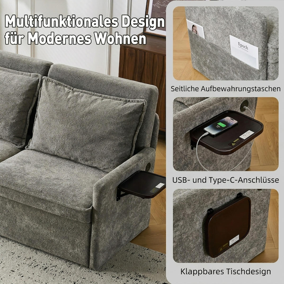 SCHLAFSOFA 172.5/71/95 cm Grau mit USB-Anschluss, 5-fach verstellbarer Rückenlehne und Stauraum - Grau, Textil (71/95/172.5cm) - Oxeza