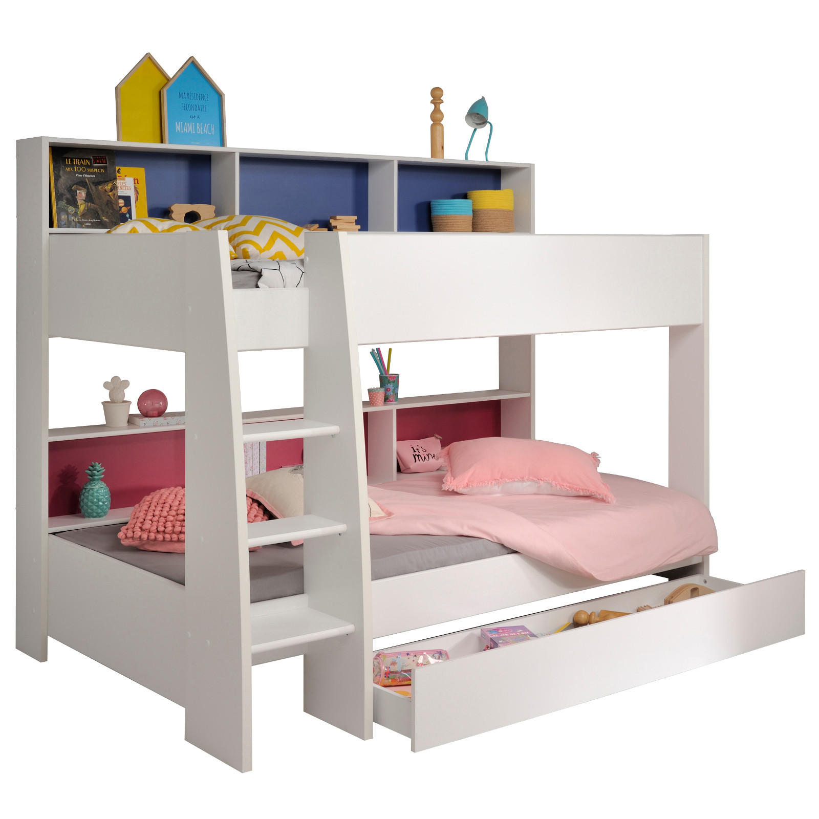 Parisot Meuble Etagenbett Weiß, Blau, Pink 90x200 cm