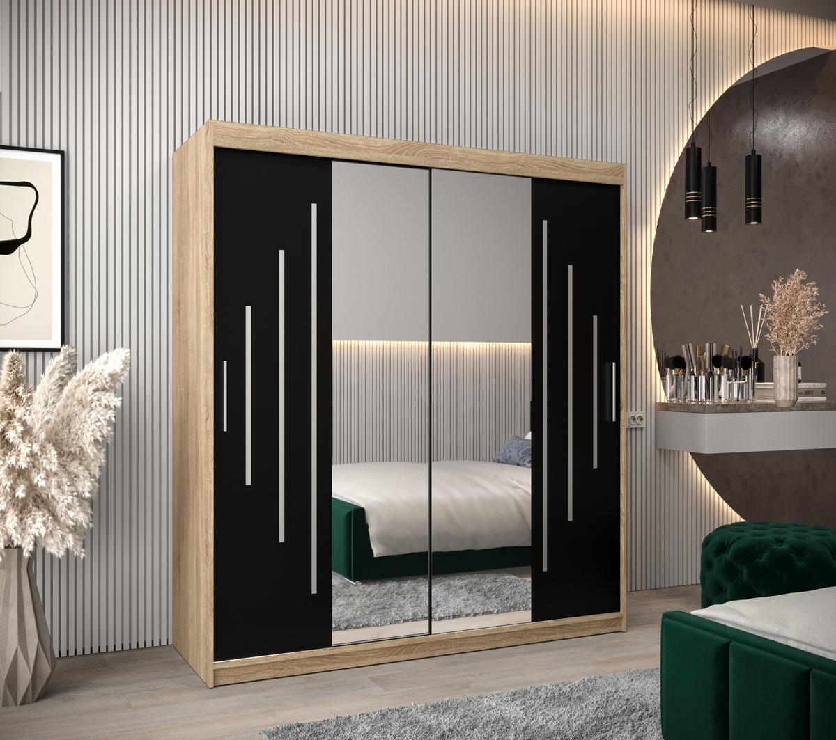 SCHWEBETÜRENSCHRANK 200/180/62 2-türig - Silberfarben/Schwarz, Holz/Kunststoff (180/200/62cm) - Abiks Möbel