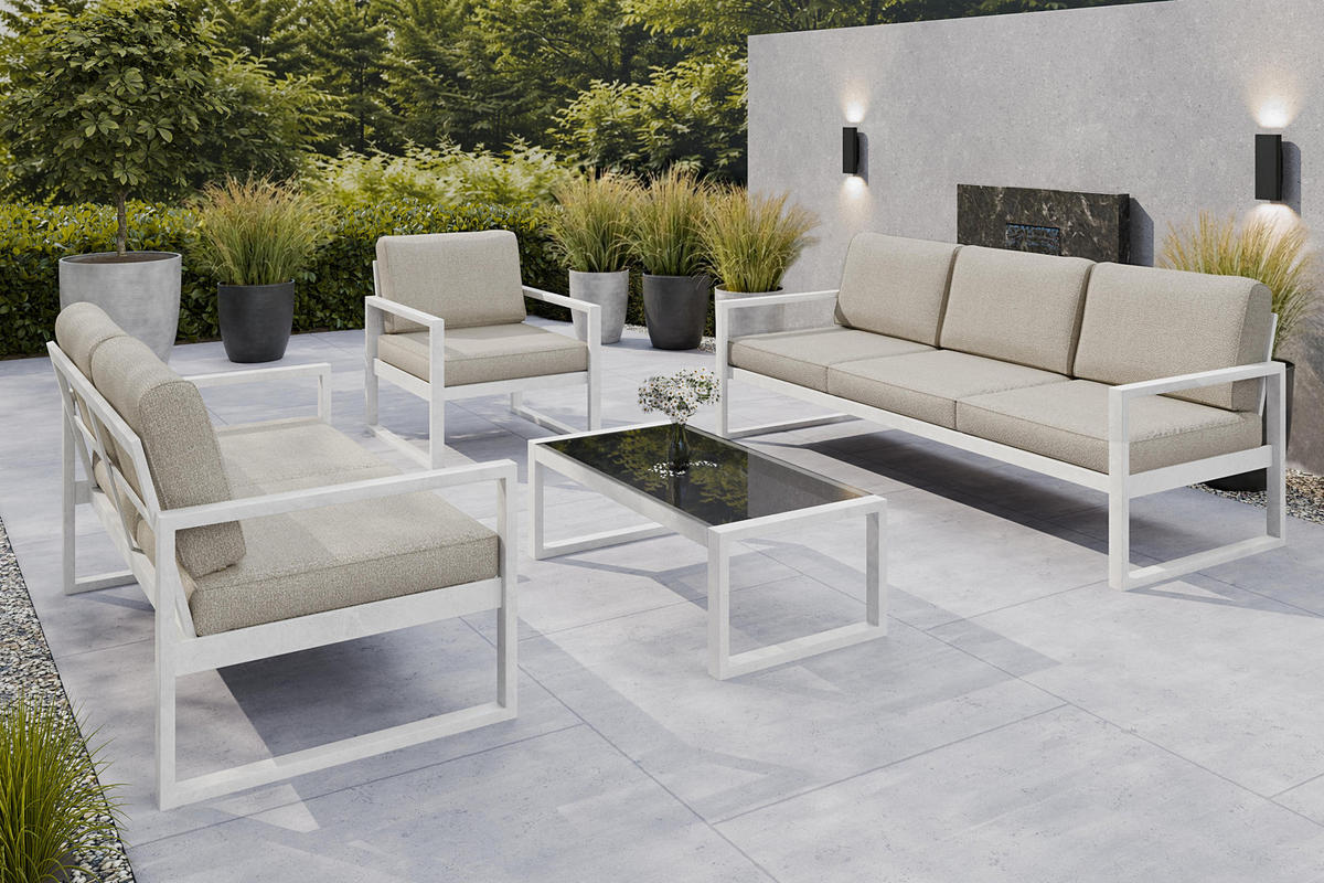 GARTENSET Madera für 6 Personen Balkonmöbel Aluminium Terassenmöbel Sitzbank, 4-tlg. Tisch, weiß, ecru - Ecru/Weiß, Kunststoff/Metall - Margaret Hadas24