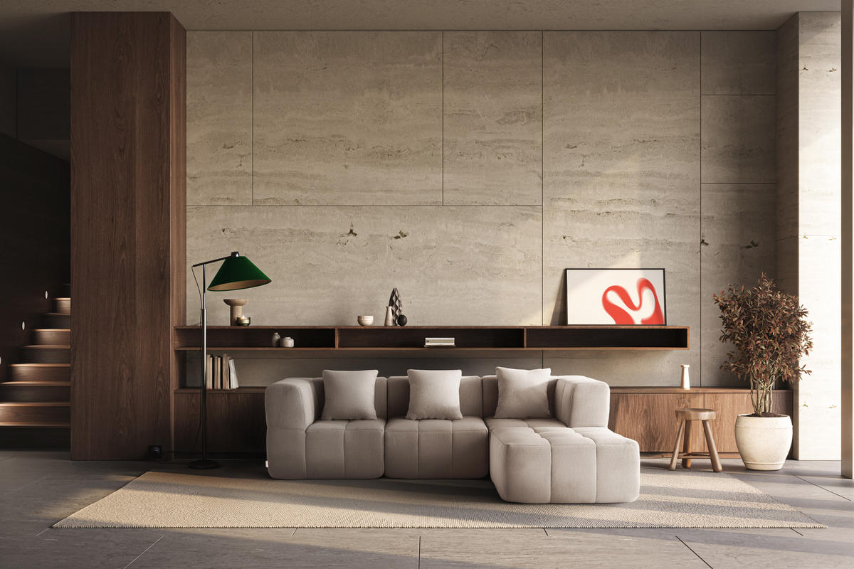 ECKSOFA Bouclé-Stoff Steinbeige - Greige, Textil (260/190cm) - MILYsofa