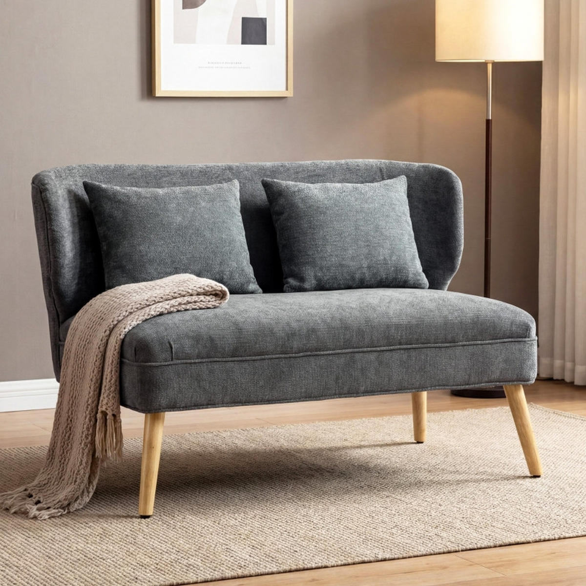 2-SITZER-SOFA aus Kautschukholz 117x65x78,5 cm in Grau mit Chenille-Bezug - Grau, Textil (65/78.5/117cm) - Modfu