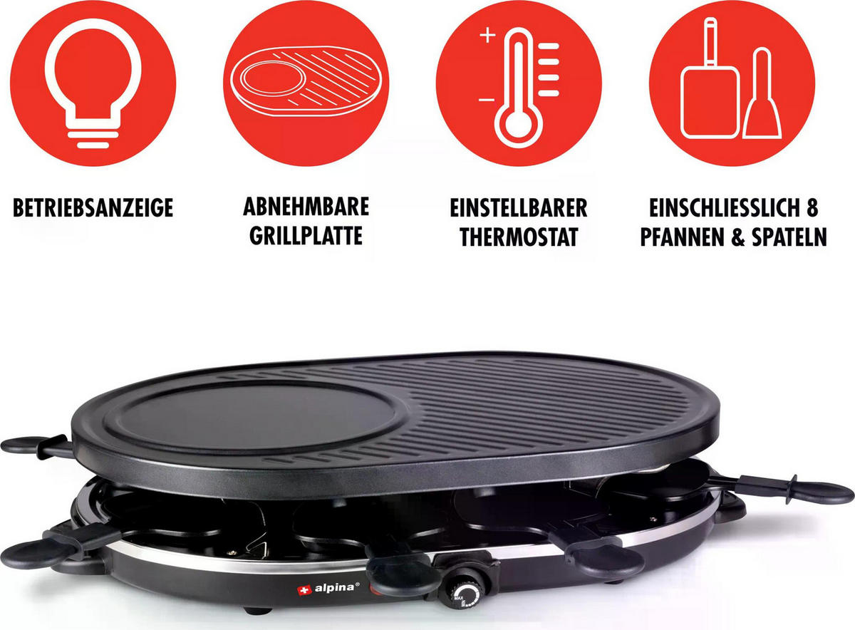 RACLETTEGRILL Gourmet Partygrill, 8 Personen, 1200W Elektrogrill, Antihaft Grillplatte, Abnehmbar, Tischgrill Indoor, Raclette Set Pfännchen - Schwarz, Metall (32/12/47.5cm) - Alpina
