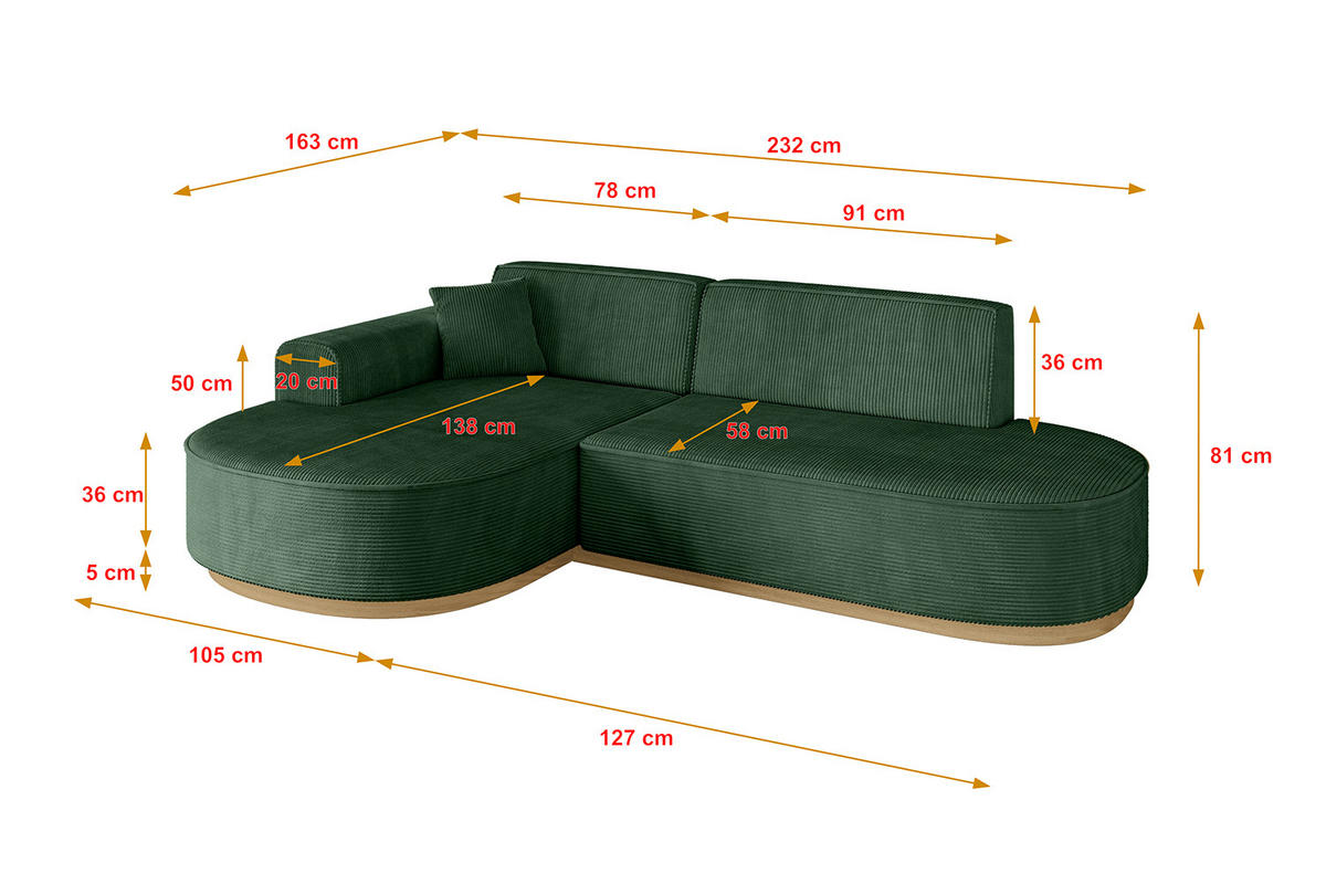 ECKSOFA Ottomane Links MARI-L1-v2 - 243x171x83 cm Grün Cord - Grün, Holzwerkstoff/Textil (243/171cm) - ALTDECOR