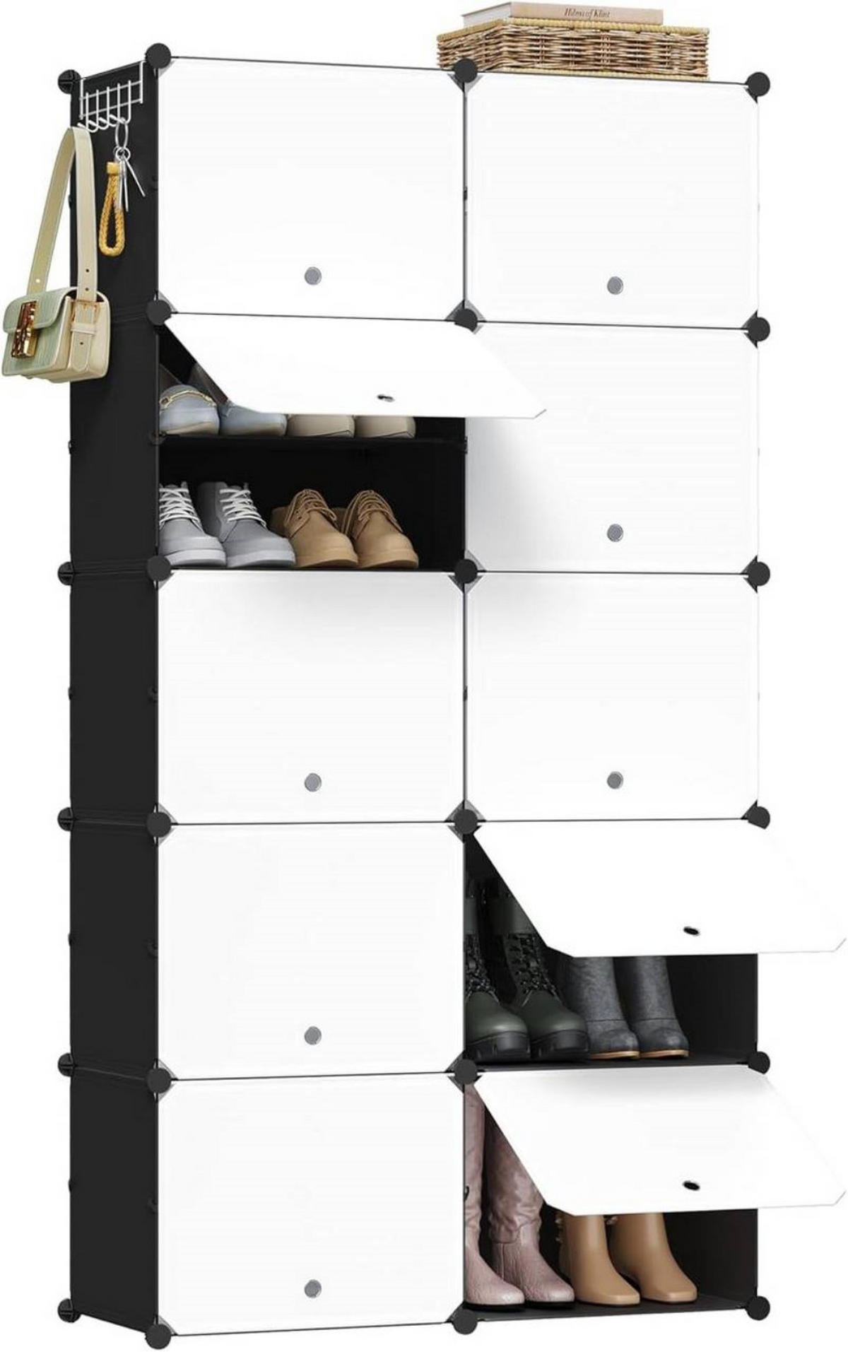 SCHUHREGAL mit 10 Fächern, Schwarz+Weiß - Schwarz/Weiß, Kunststoff/Metall (94/180/36.5cm) - Woltu