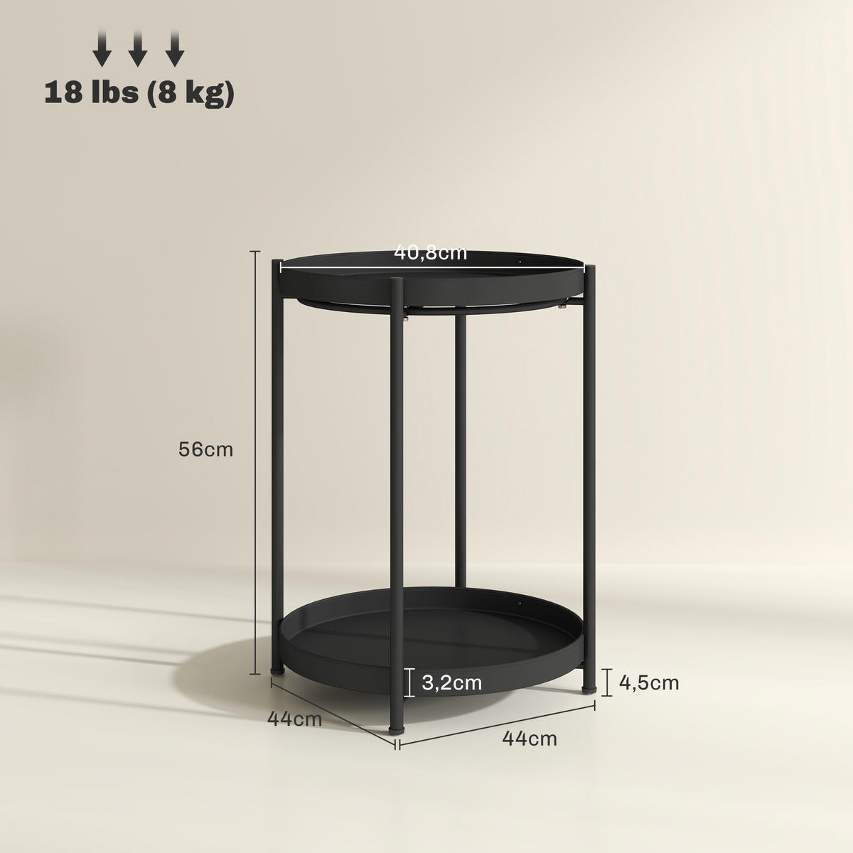 BEISTELLTISCH, Couchtisch mit 2 Ablage, 44 x 44 x 56 cm, Stahl, Schwarz - Schwarz, Metall (44/44/56cm) - HOMCOM