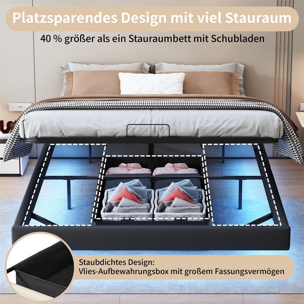 POLSTERBETT 160 x 200 cm ohne Kopfteil mit LED-Beleuchtung & hydraulischem Stauraum - PU-Leder - Schwarz - Schwarz, Textil (160/200cm) - DELFA